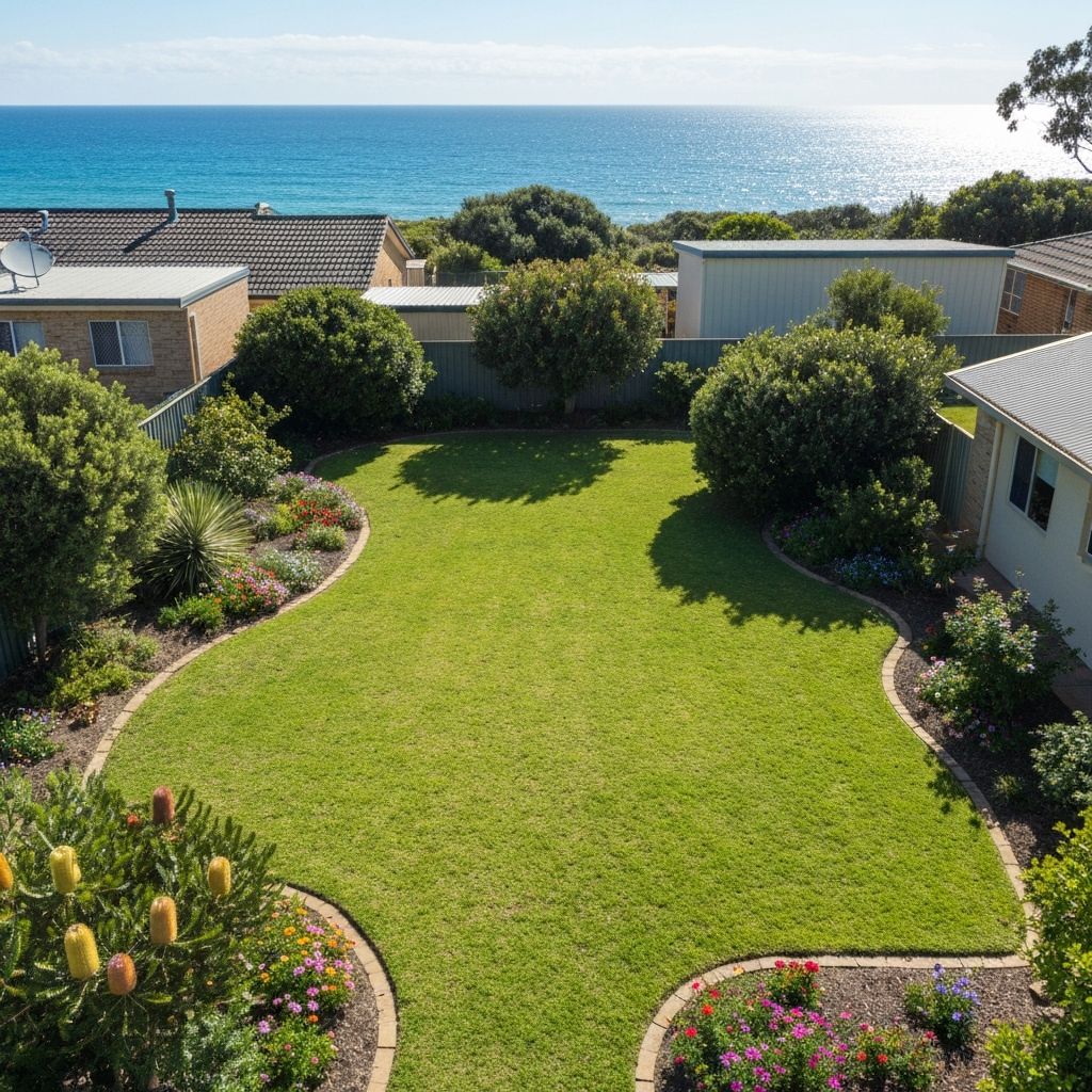 Well-maintained Australian suburban backyard with fresh lawn and tidy garden beds